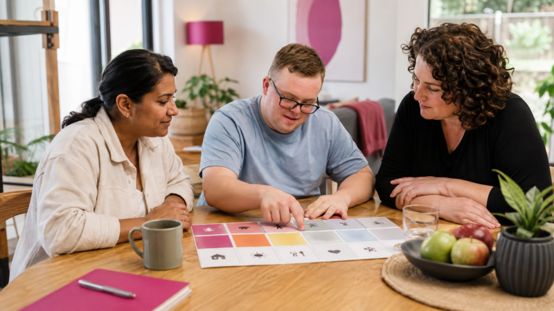 Participant and support team planning a weekly SIL roster at home