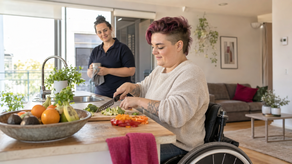 Wheelchair user preparing a meal independently with respectful support nearby