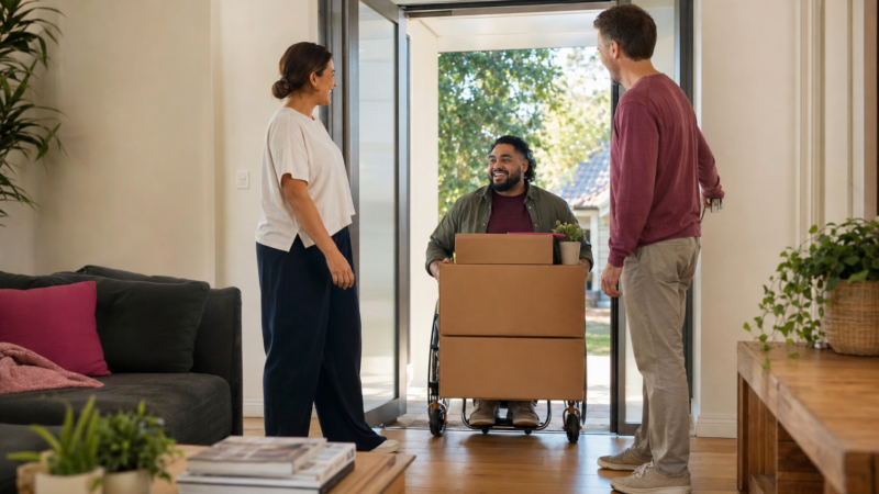 Wheelchair user arriving at a SIL home and meeting a housemate and support worker