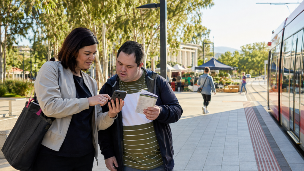 Participant and support worker planning public transport near Canberra light rail