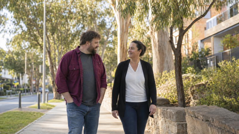 Adult and trusted support worker walking through a quiet Canberra neighbourhood