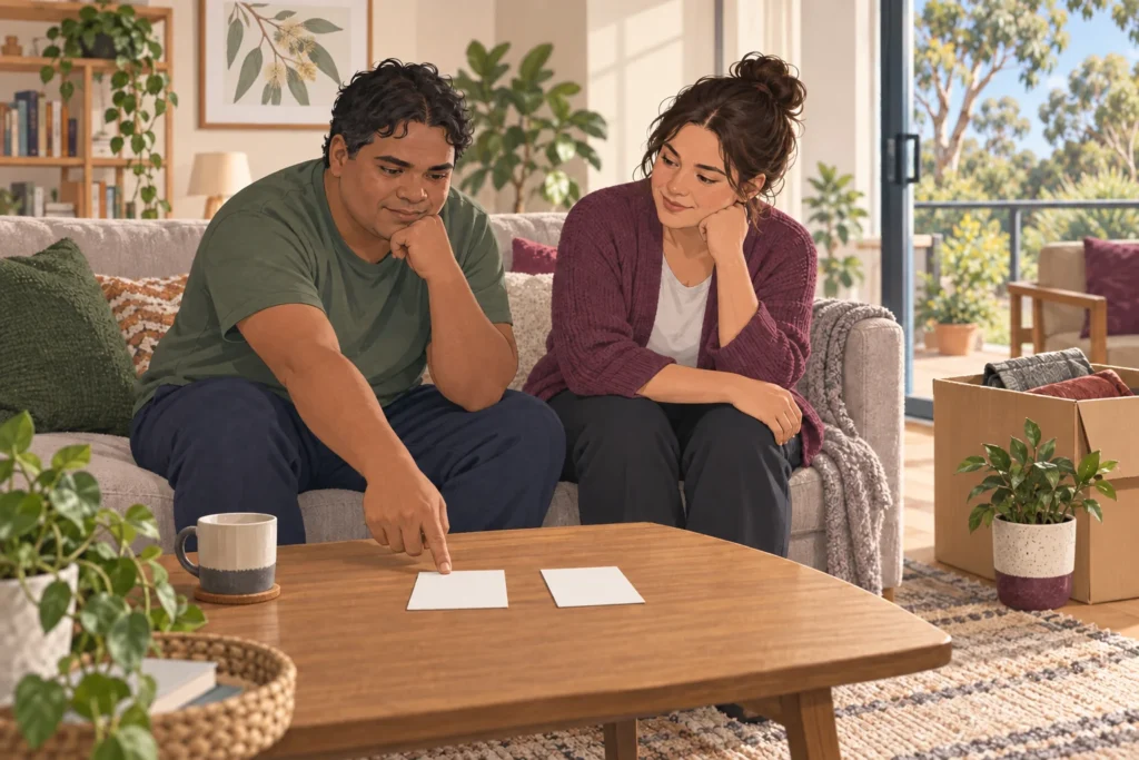 Illustrative scene of an adult and support professional comparing routine options in a living room.