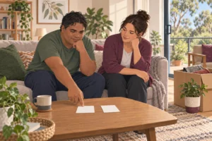 Illustrative scene of an adult and support professional comparing routine options in a living room.