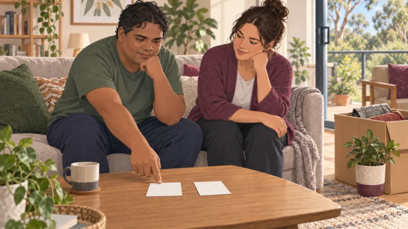 Illustrative scene of an adult and support professional comparing routine options in a living room.