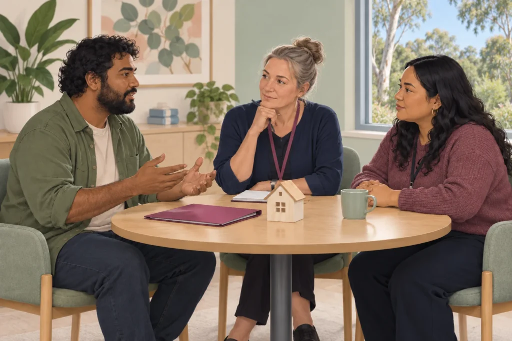 Illustrative scene of an adult discussing a move home with two professionals around a table.