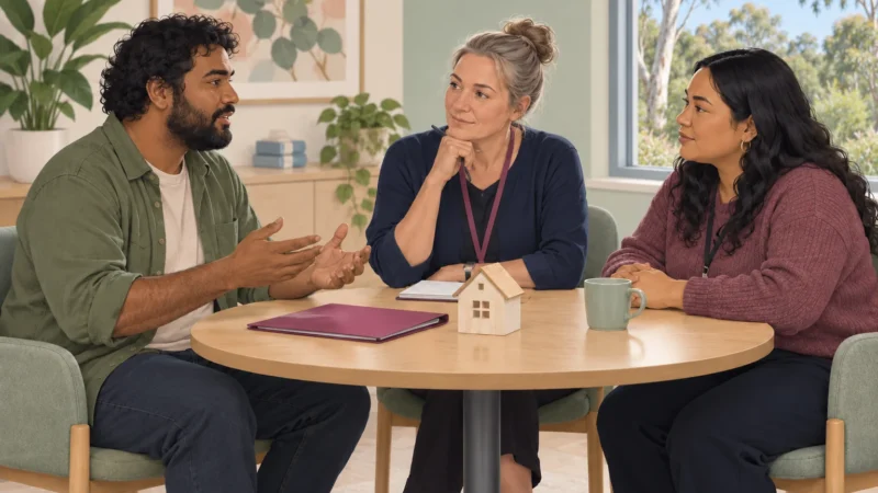 Illustrative scene of an adult discussing a move home with two professionals around a table.
