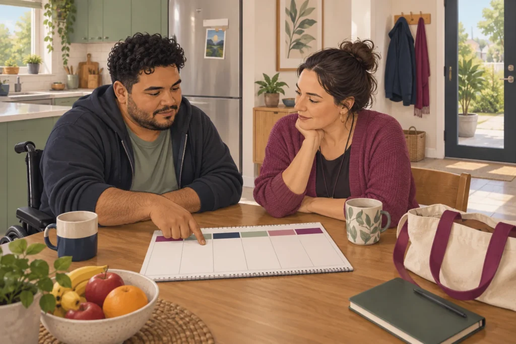 Illustrative scene of an adult and support professional planning a week at a kitchen table.