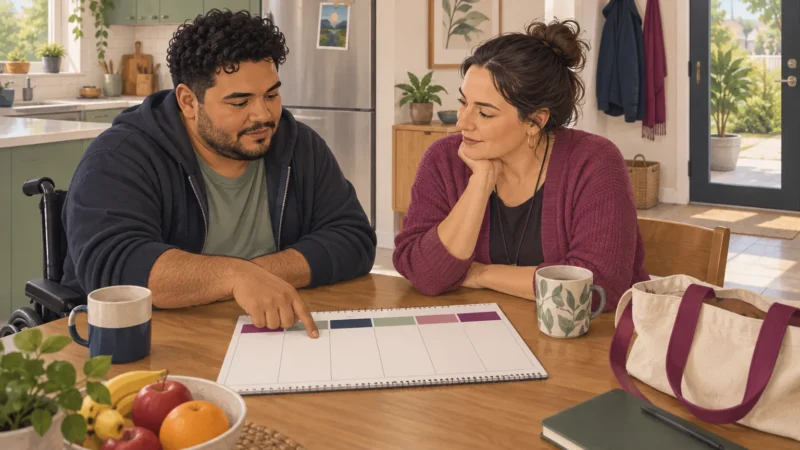 Illustrative scene of an adult and support professional planning a week at a kitchen table.