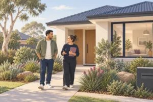 Illustrative scene of two adults discussing a home beside a garden path.