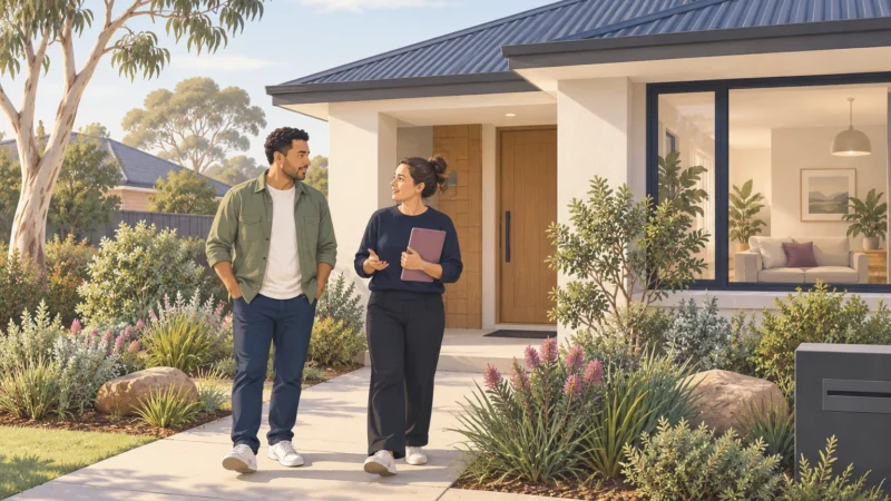 Illustrative scene of two adults discussing a home beside a garden path.